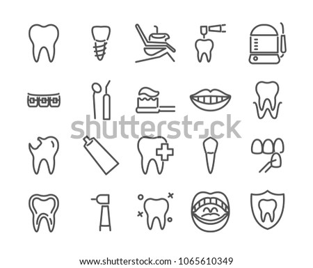 Dentist icon set made in line style. Includes such icons as healthy tooth, dental implant, oral irrigator, smile, veneer, oral cavity and more, 48X48 pixel perfect editable stock vector illustration. 商業照片 © 