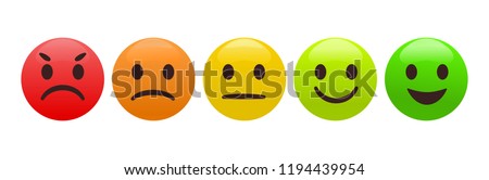 Emotion feedback scale. Includes such emoticon as angry, sad, neutral, joy and happy expression, arranged into a horizontal row. Customer's service and evaluation review sign. Vector illustration.