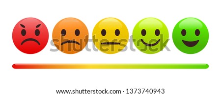 Emotion feedback scale. Includes such emoticon as angry, sad, neutral, joy and happy expression, arranged into a horizontal row. Customer's service and evaluation review sign. Finest quality. 