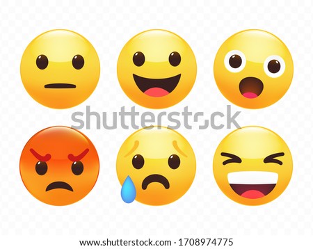 Smile sticker set, including such expressions as indifference or calm, laugh, surprise, angriness, cry, happiness. Premium vector illustration.