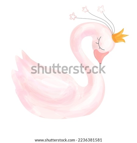 Cute swan princess with crown on a white background, t-shirt, baby shower, greeting card, kid clothes template. Vector illustration.