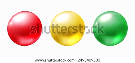 Red, yellow, green realistic shiny balls, vector 3d glossy orbs isolated on transparent background. Stop light concept. Bright colourful balls in a row