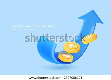 3d arrow growth with coin investing business and interest. Isolated on a pastel blue background. 3d vector illustration.