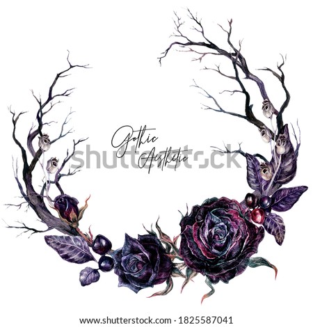 Watercolor Floral Gothic Wreath with Dry Branches and Black Roses Isolated on White. Botanical Halloween Illustration in Vintage Style. Gothic Wedding Decoration.