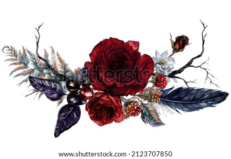 Watercolor Floral Gothic Arrangement Isolated on White Background. Halloween Botanical Illustration in Vintage Style. Gothic Dark Wedding Decoration. Bouquet of Red Roses, Feathers, Fern.