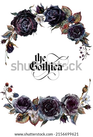 Watercolor wreath of ash and black roses. Floral Gothic Arrangement Isolated on White Background. Halloween Botanical Illustration in Vintage Style. Gothic Dark Wedding Decoration.