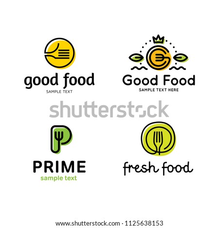 Good food logo design template set. Vector color fork illustration background. Graphic prime icon for cafe, restaurant, cooking business. Modern linear catering label, emblem, badge of fresh products