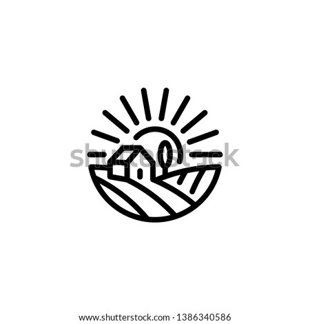 Vector farm house icon template. Linear organic farming symbol illustration with field, sun, rays. Natural food logo background for healthy fresh eco products, farmers market in circle form