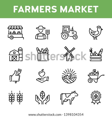 Vector farmers market icon set. Modern agriculture logo symbol collection. Organic farming pictogram illustration in line style. Eco, bio, natural signs for local food shop, healthy fresh products