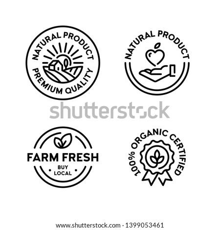 Vector natural product icon label set. 100 percent organic certified. Farm fresh, buy local. Line premium quality logo badges with green leaves. Eco bio food emblems for farmers market, healthy goods