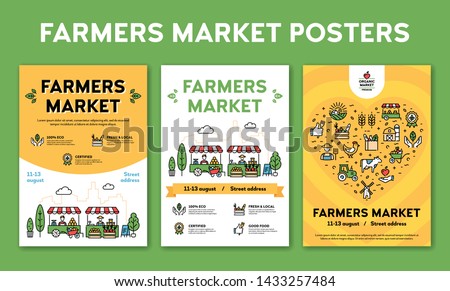 Farmers market design poster set. Vector local farm event backgrounds with place for text. City food festival illustrations with organic products. Line healthy fruit and vegetable shop banner template