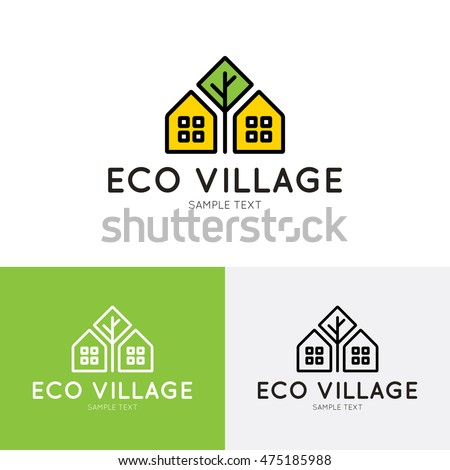 Eco Village logo design template. Vector real estate bio house sign logotype icon. Bright flat ecologic home symbol with green tree. Organic housing label for health life