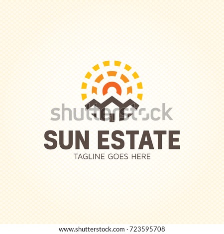 Sun Estate logo design template. Vector real estate building icon sign. Solar home symbol emblem in circle. Sunlight housing label illustration background. Construction branding company concept