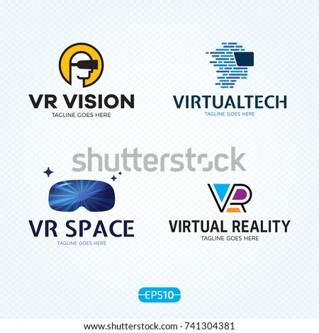 VR logo design template set. Vector virtual reality logotype illustration with electronic 3d glasses headset. Graphic cyber space technology and games device icon symbol. Head mounted display emblem