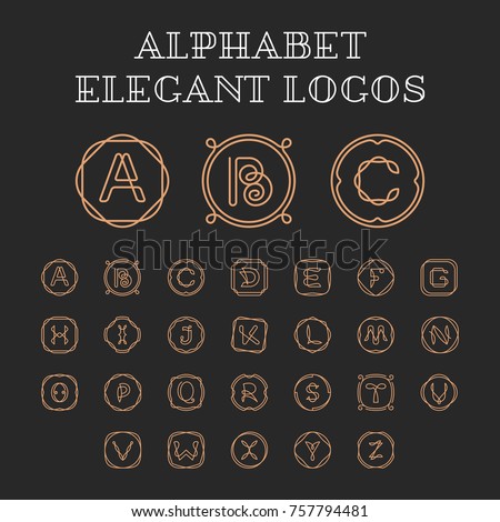 Vector letters A-Z logo design template set. ABC Alphabet label sign for branding and identity. Linear lettering font emblem with ornament frame. Type character symbol illustration with line art