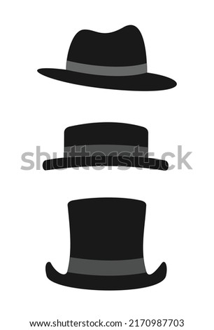 Immagini vettoriali di un cappello elegante da gangster, di un cappello a cilindro e di un cappello vintage.