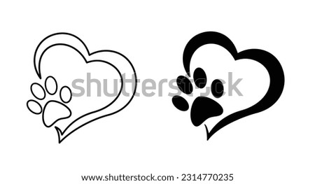 Animal love symbol paw print with heart. Heart and pet paw print dog cat icon. Isolated vector.