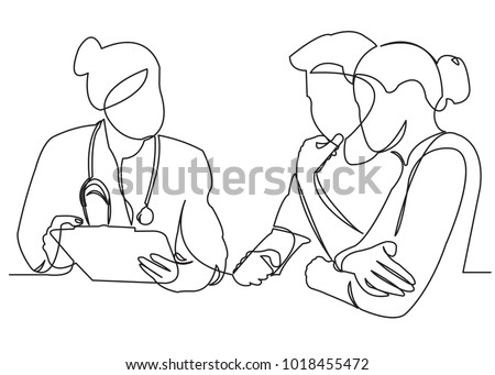 one continuous drawn line pregnant woman family at a doctor's reception painted by hand silhouette picture. Line art. character woman at a doctor's appointment, couple at a doctor's reception