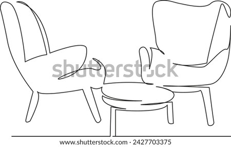 One continuous single drawing line art flat doodle design, armchair, room, style, modern, floor, table, two, chair. Isolated image hand draw contour on a white background, hand drawn, not AI
