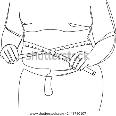 One continuous single drawing line art flat doodle tape, fat, belly, woman, body, weight, centimeter, waist, measurement. Isolated image hand draw contour on a white background, hand drawn, not AI