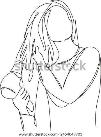 One continuous single drawing line art flat doodle beauty, girl, care, woman, dryer, hair, clean, fashion, hygiene. Isolated image hand draw contour on a white background, hand drawn, not AI