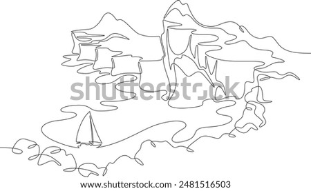 Cliff in the sea. Sea cliffs. Sailing yacht off the coast. Rocky shore. Bay in the ocean.One continuous line drawing on a white isolated background. Minimalism linear illustration.