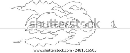 Cliff in the sea. Sea cliffs. Sailing yacht off the coast. Rocky shore. Bay in the ocean.One continuous line drawing on a white isolated background. Minimalism linear illustration.