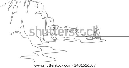 Cliff in the sea. Sea cliffs. Sailing yacht off the coast. Rocky shore. Bay in the ocean.One continuous line drawing on a white isolated background. Minimalism linear illustration.