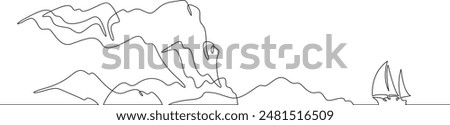 Cliff in the sea. Sea cliffs. Sailing yacht off the coast. Rocky shore. Bay in the ocean.One continuous line drawing on a white isolated background. Minimalism linear illustration.