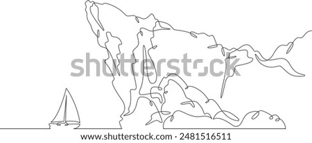 Cliff in the sea. Sea cliffs. Sailing yacht off the coast. Rocky shore. Bay in the ocean.One continuous line drawing on a white isolated background. Minimalism linear illustration.