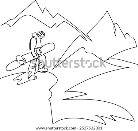 One continuous single drawing line art flat doodle snow, mountain, winter, sport, ski, snowboard, nature, snowboarding, extreme. Isolated image hand draw contour on a white background