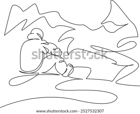 One continuous single drawing line art flat doodle sport, snow, mountain, winter, ski, extreme, man, lifestyle, sky, skiing. Isolated image hand draw contour on a white background