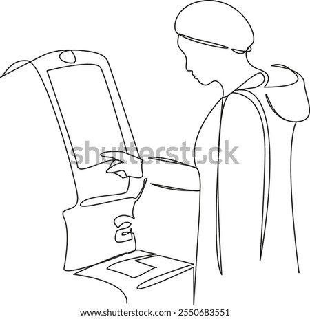 One continuous single drawing line art flat doodle woman, bank, atm, currency, finance, accruals, digital currency. Isolated image hand draw contour on a white background, hand drawn, not AI