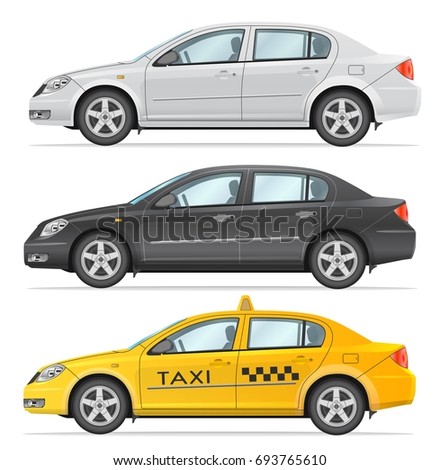 Set of vector business sedan and taxi. Black and White and Yellow colors. Side view isolated on white background. Photo realism