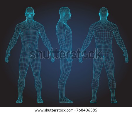 Wire frame human full body in virtual reality. Medical blue print scanned 3D model. Polygonal technology design. Front, Back, Side view