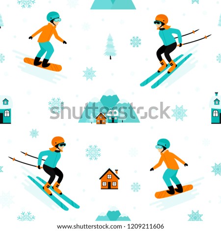 Ski resort. Snowboarding. Cute vector seamless pattern.Winter holidays in the mountains.  Modern flat concept for web design with people.