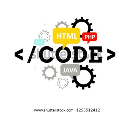 Code. Programming languages: HTML, JAVA, PHP, C++. Concept for web design.