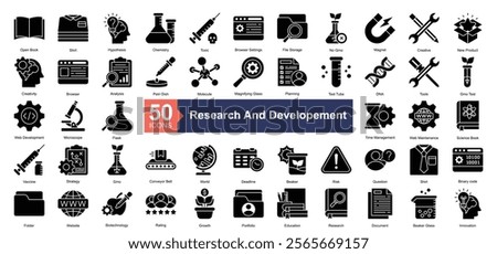 Research and Developement Icon Collection Set.Containing creative, new product, creativity, browser, analysis icon. Simple glyph style Vector Illustration.