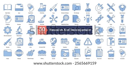 Research and Developement Icon Collection Set.Containing creative, new product, creativity, browser, analysis icon. Simple blue style Vector Illustration.