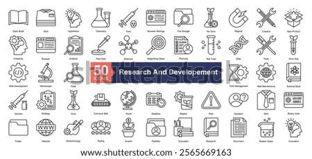 Research and Developement Icon Collection Set.Containing creative, new product, creativity, browser, analysis icon. Simple line Vector Illustration.