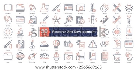 Research and Developement Icon Collection Set.Containing creative, new product, creativity, browser, analysis icon. Simple dual tone style Vector Illustration.