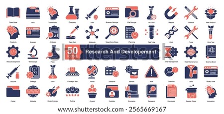 Research and Developement Icon Collection Set.Containing creative, new product, creativity, browser, analysis icon. Simple dual tone style Vector Illustration.