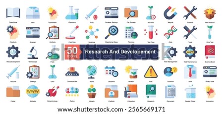 Research and Developement Icon Collection Set.Containing creative, new product, creativity, browser, analysis icon. Simple flat style Vector Illustration.