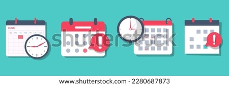 Set of deadline calendar with clock and attention icon