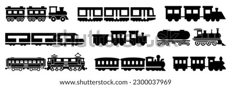 Freight train with locomotive, passenger train icons collection. Black silhouette of freight trains collection. Set of railway transport 
