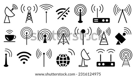 Radio tower antenna icon collection. Set of black radio tower icons