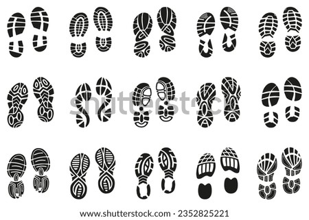 Footprints human shoes icon collection. Set of black prints of shoes. Black imprint soles shoes icon collection. Set of footprints stamped icons