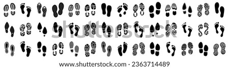 Set of human footprints icon. Foot imprint, footsteps icon collection. Human footprints silhouette. Barefoot, sneaker and shoes footstep icons