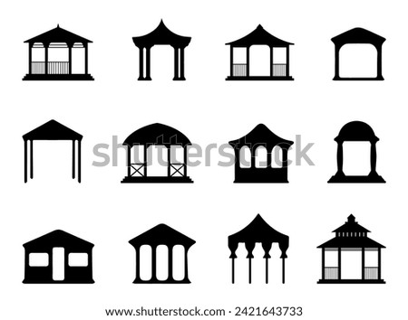 Black gazebo silhouette collection on a white background. Gazebo of pergola icons. Gazebo park. Wooden alcove patio