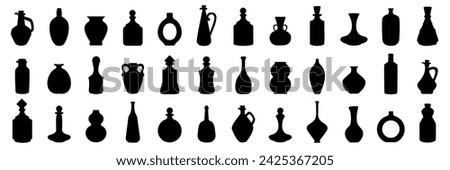 Bottle and jug silhouette collection. Oil, potion, alcohol, perfume black bottle silhouette. Set of black jug silhouette